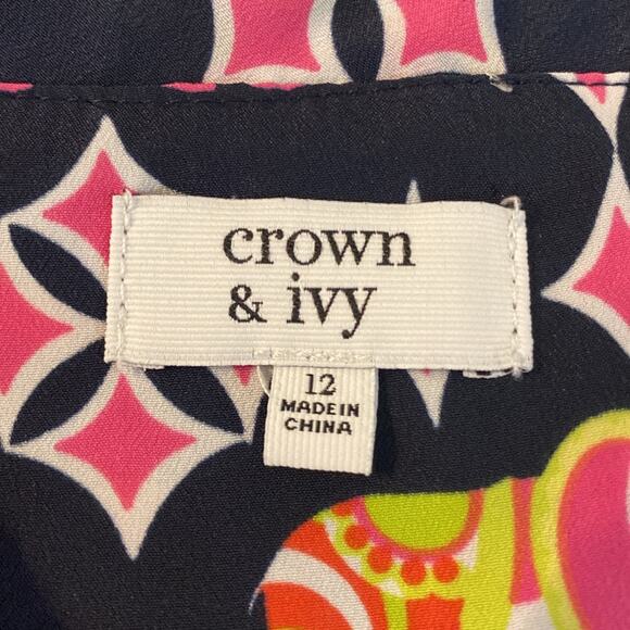 Crown & Ivy Asian Elephant Ruffle Neck Knee Length Shift Dress Size 12 - Picture 3 of 9